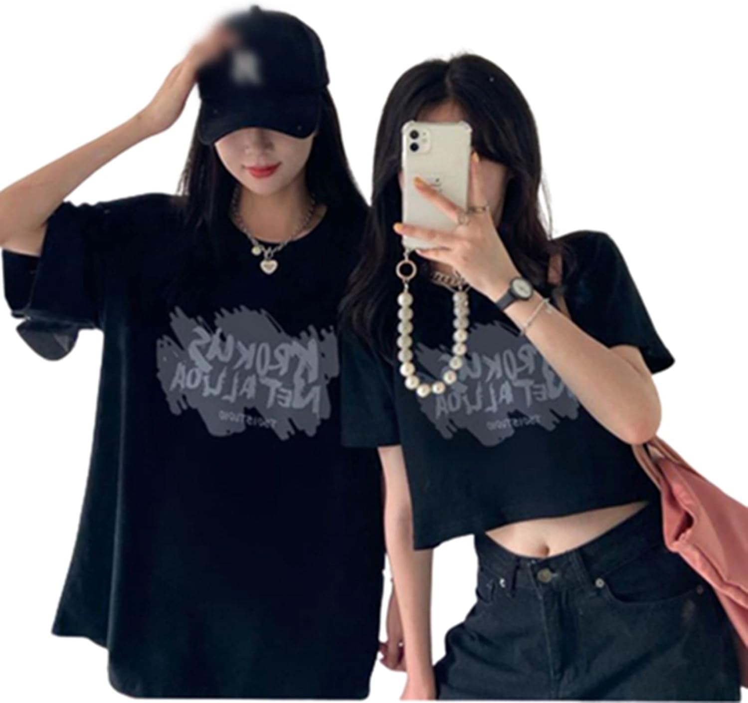 2点セット 半袖シャツ Tシャツ ショート丈 レディース チビT くびれ へそ出し 大きいサイズ トップス 夏服 ギャル ヒップポップ 韓国風 ゆったり 可愛い ファッション カジュアル 白 黒 S
