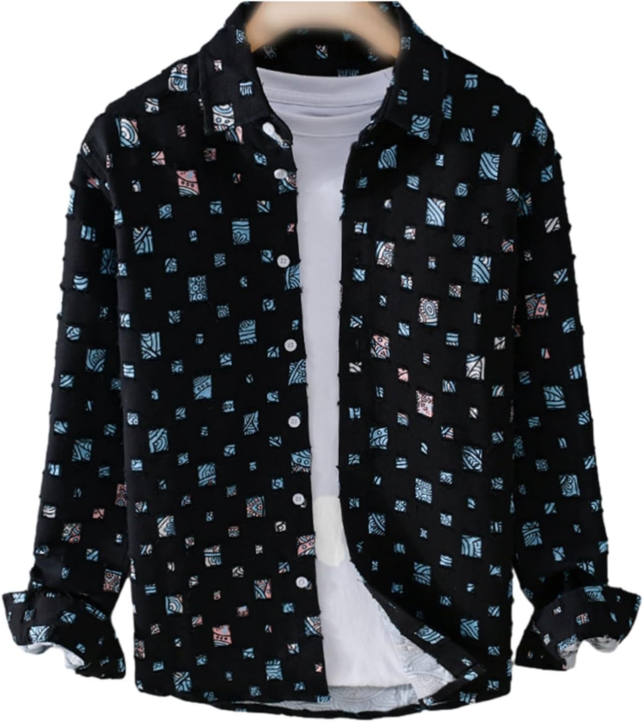 メンズシャツ デニムシャツ 長袖 ダメージ パッチワーク 切り替え ジャケット アウター 大きいサイズ コート 重ね着シャツ 開襟 春秋着 カジュアル 快適 柔らかい ファッション おしゃれ 日常|Libre777