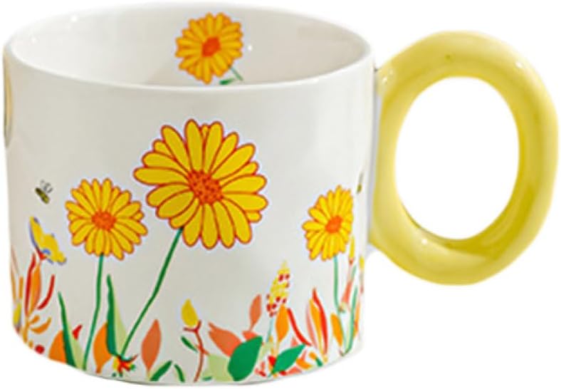 マグカップ おしゃれ コーヒーマグ 600ml マグ 珈琲マグ カップ シンプル カフェ風 フラワー柄 実用的 大容量 レディース 新生活 ギフト 誕生日 母の日 雑貨 紅茶 食洗機対応 陶器 イエロ|Libre777