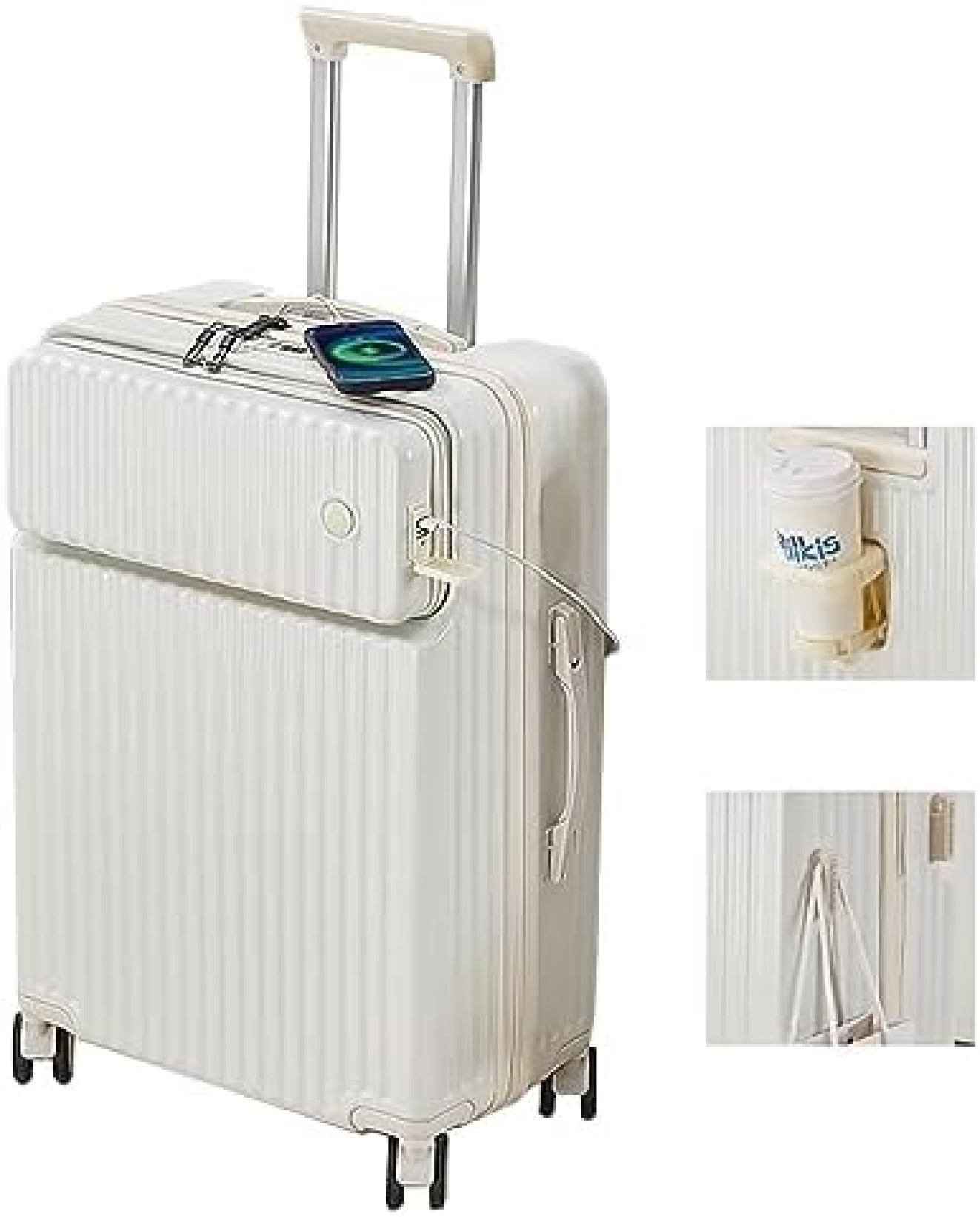 キャリーケース スーツケース 旅行 出張 超軽量 フロントオープン カップホルダー付き USBポート付 乾湿分離 ロック付 静音 耐衝撃 ビジネス おしゃれ ホワイト) (M(47L)｜Libre777