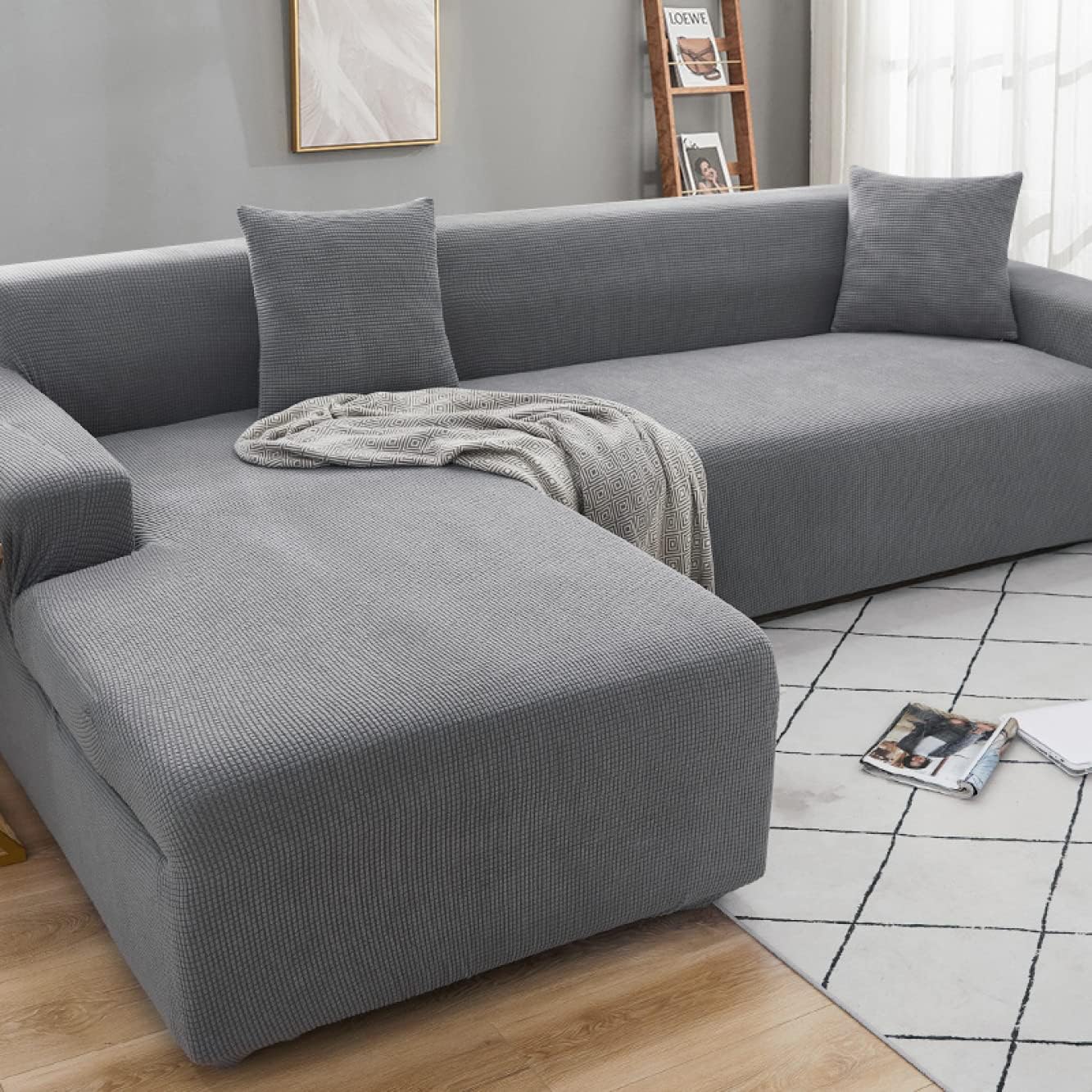 ソファーカバー L字型 肘付き ストレッチ 305*360CM コーナー カウチ マルチカバー ソファーシーツ ソファカバー 滑り止め 柔らかい 犬 猫 汚れ 傷防止 防塵 ライトグレー ソファー保護|Libre777