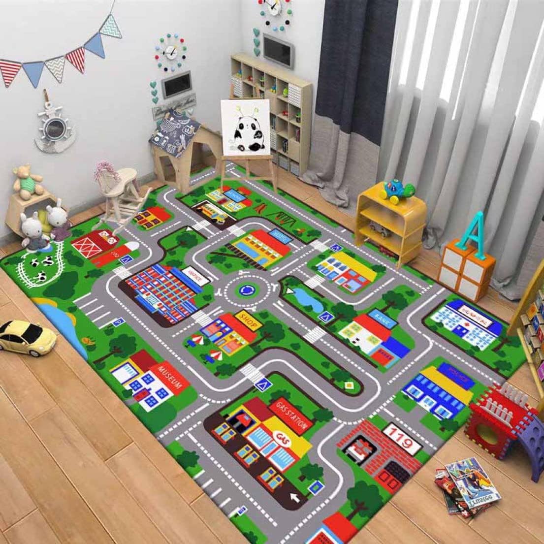 ラグ ラグマット カーペット キッズラグ 子供部屋 道路 マット 洗える 長方形 防音 防臭 防カビ ベット用 120*160 床暖房対応 プレイマット 遊びマット ゲーム 線路 カラー おもちゃイン