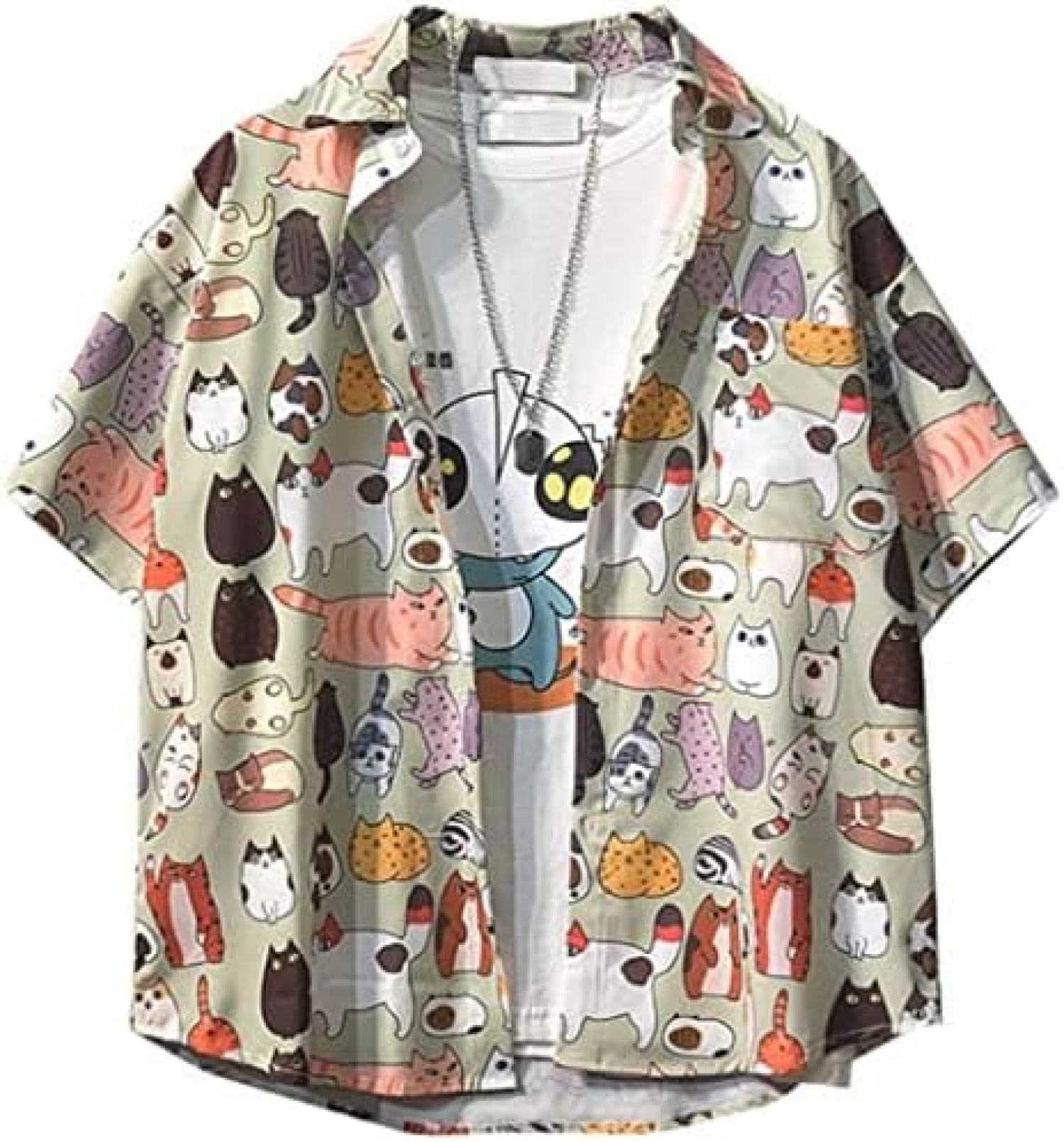 半袖シャツ 猫柄 メンズ トップス 開衿 薄手 プリント キャラクター 可愛い おもしろ 夏 ビーチ 通気速乾 アウトドア お肌に優しい 男性用 おしゃれ 原宿風 軽い ストリート アロハシャツ カジ