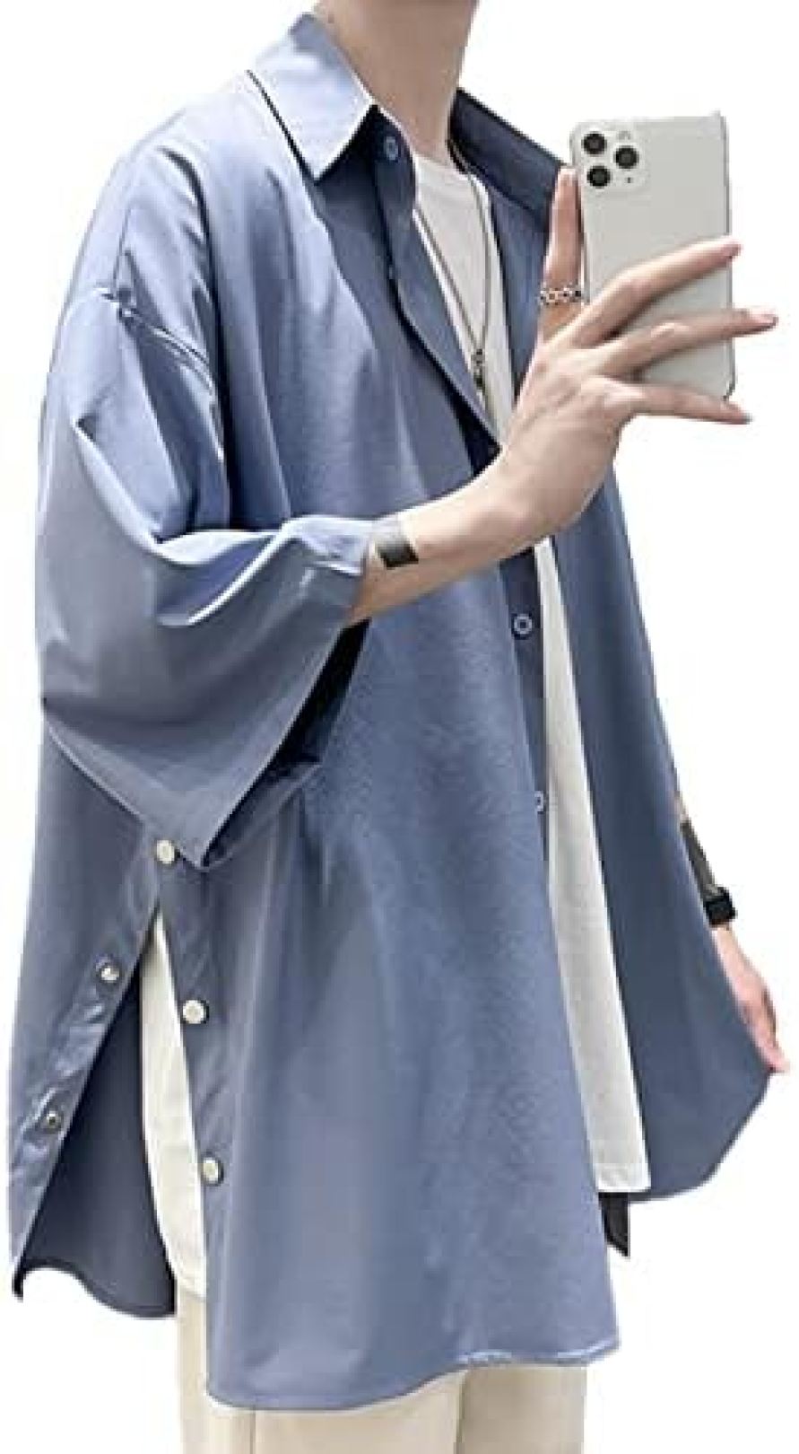 シャツ メンズ 夏服 半袖 ワイシャツ サイドボタン メンズ カジュアルシャツ 爽やか ゆったり 七分袖 軽い オーバーサイズ