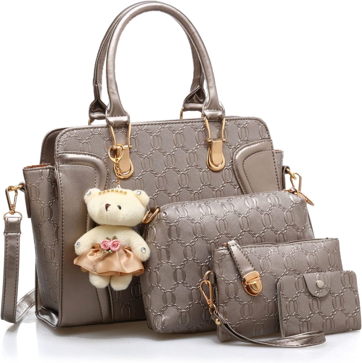 ハンドバッグ レディース 4点セット 2way クラッチバッグ トートバッグ ショルダーバッグ 財布 通勤 鞄女性用 底鋲 a4 ビジネス 入学式 誕生日プレゼント クリスマス クマぬいぐるみ付き 可