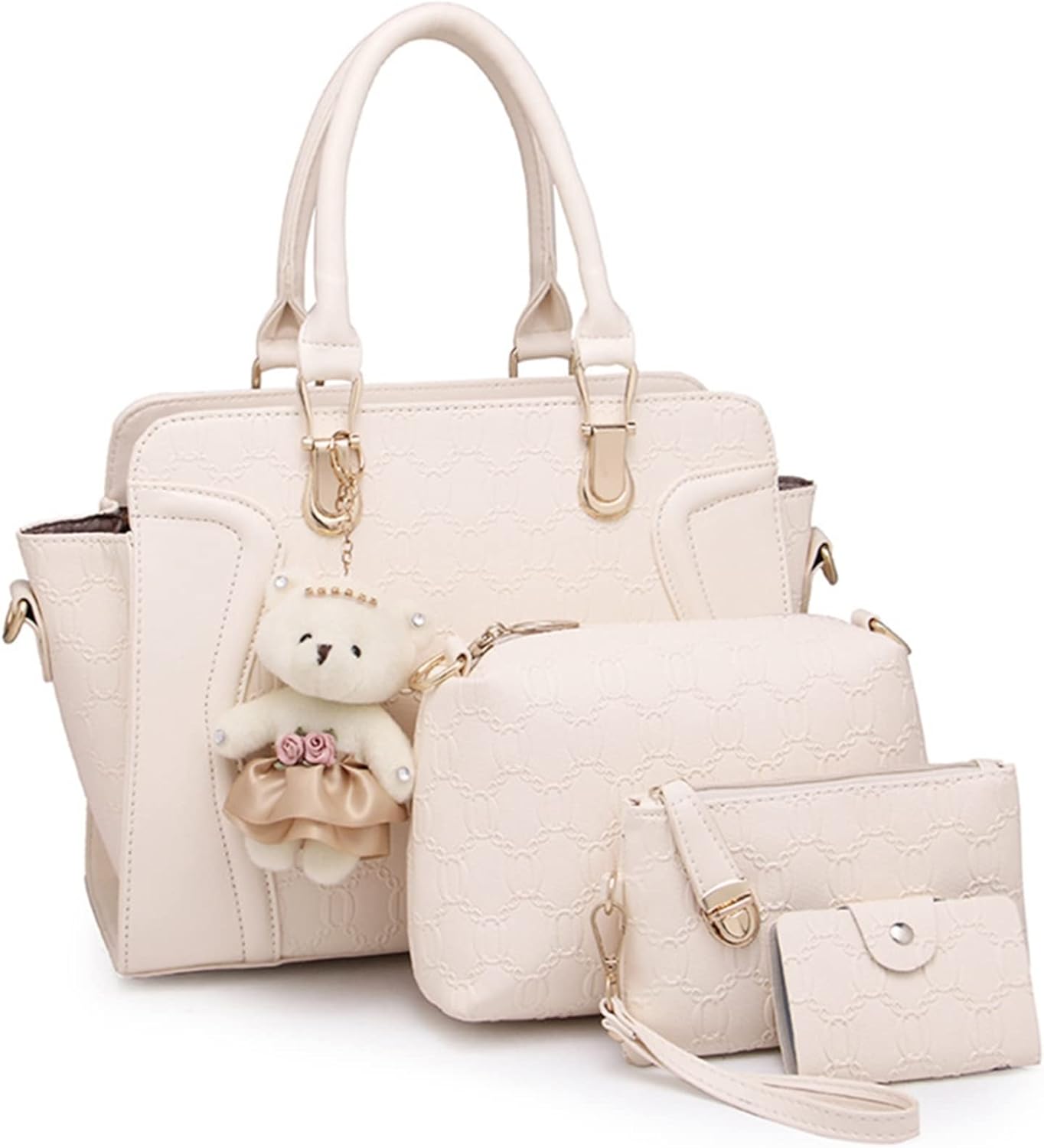 ハンドバッグ レディース 4点セット 2way クラッチバッグ トートバッグ ショルダーバッグ 財布 通勤 鞄女性用 底鋲 a4 ビジネス 入学式 誕生日プレゼント クリスマス クマぬいぐるみ付き 可