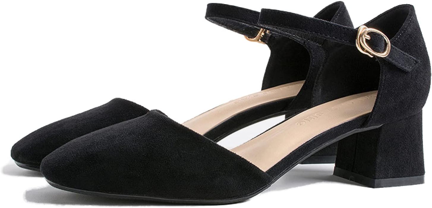 スクエアトゥ 太ヒール パンプス ストラップ ローヒール 低反発 歩きやすい レトロ 靴 レディース サンダル チャンキーヒール アンクルストラップ パンプス 結婚式 パーティー オフィス お仕事 黒画像