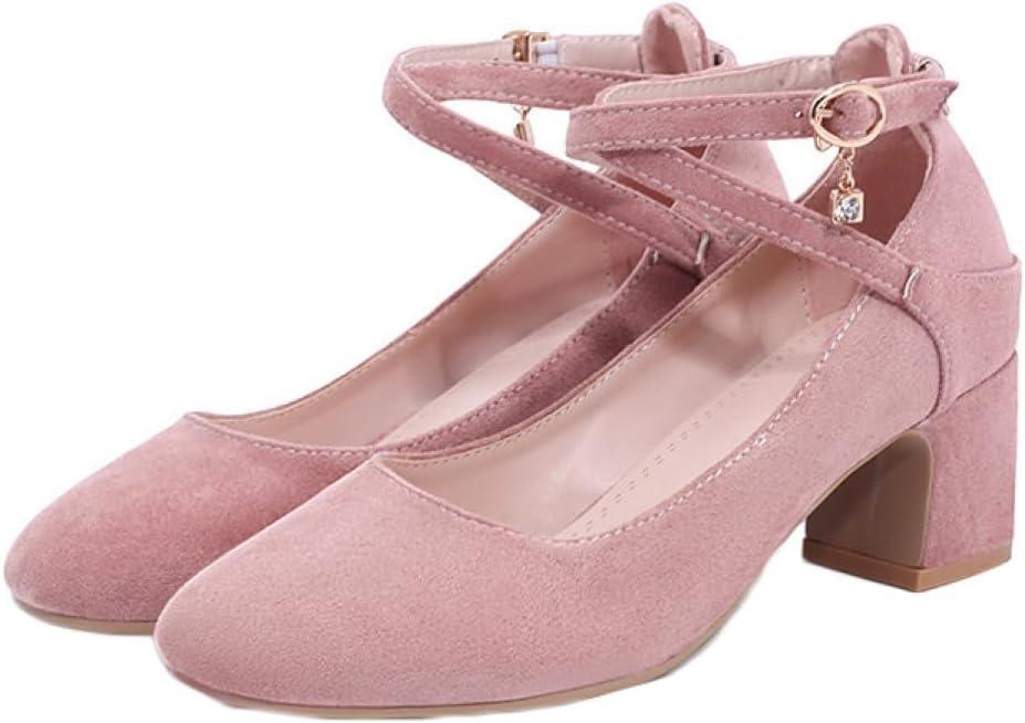 太ヒール 安定感 厚底 パンプス ストラップ スエード レディース パーティー 通勤 可愛い パンプス アンクルベルト ブラック ベージュ ピンク 黒 ミドルヒール 歩きやすい チャンキーヒール5.5|Libre777