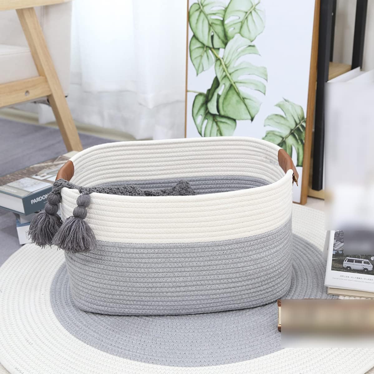 収納カゴ 綿ロープ 編み 楕円形 ハンドル付き 小物入れ 大きい/小さい L 小物入れ 収納バスケット グレー カゴ かご バスケット 玄関収納 おしゃれ ナチュラル 収納ケース 卓上 収納カゴ 収納