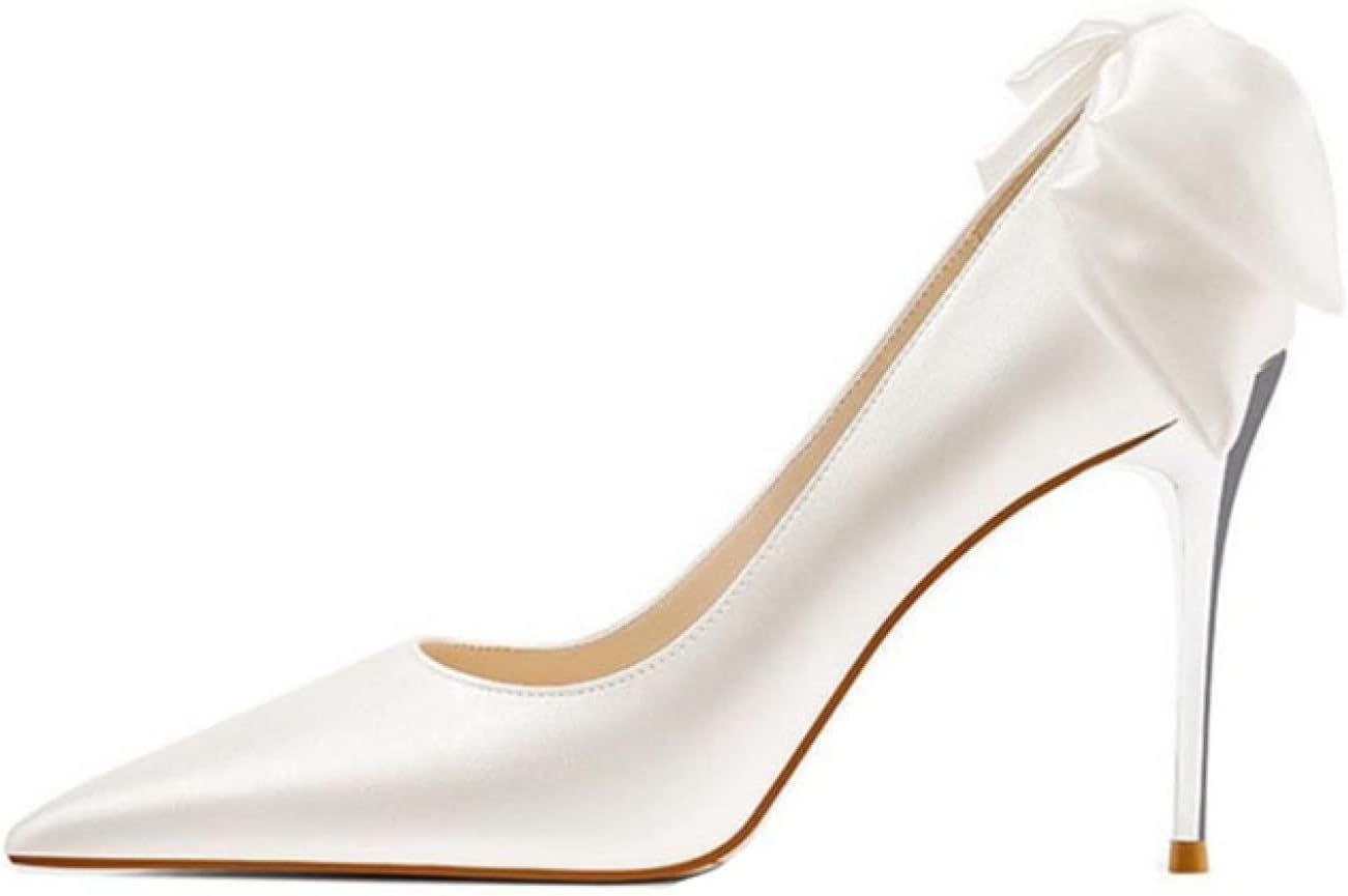 パンプス 結婚式 レディース 靴 シューズ 美脚パンプス 大きいサイズ ウェディング靴 ハイヒール約9.5cm 白 リボン ハイヒールパンプス 歩きやすい 脱げない ピンヒール ポインテッドトゥ 走れ