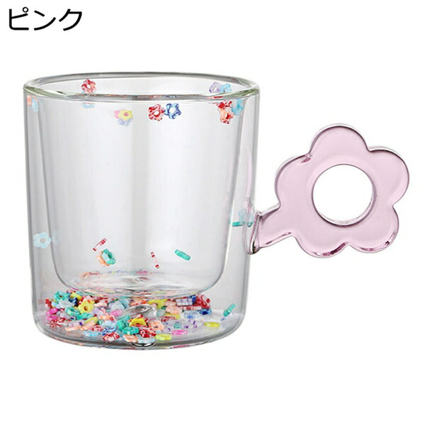タンブラー　2重　耐熱　りゅうしゃ　可愛い　花柄　コーヒーカップ　ティーカップ　小さめ　250ml　プレゼント　入学　入社　多用途　取っ手付き　牛乳　ジュース　お茶　ホットチョコレート　朝食　ガラスカップ　全5色