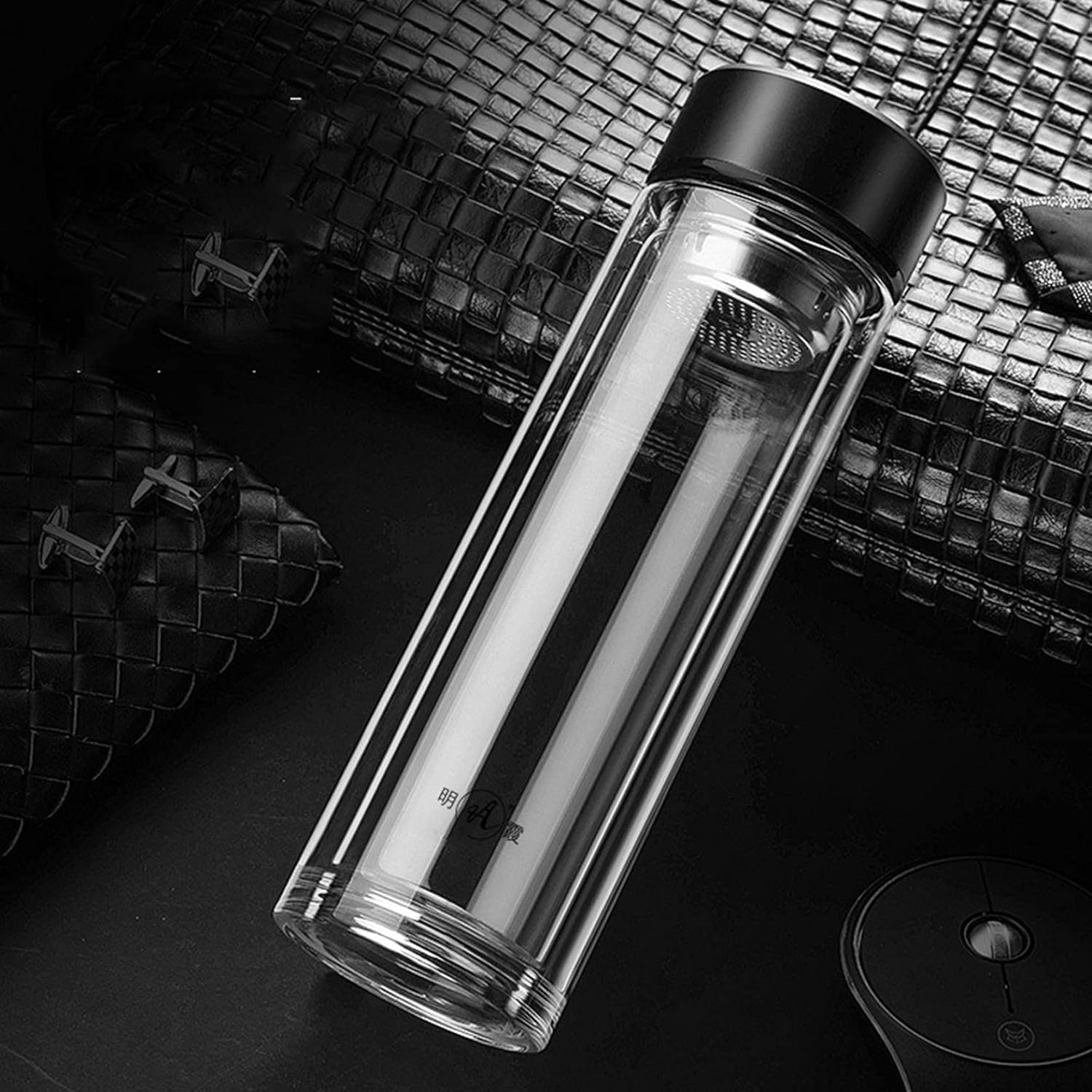水筒 クリア ガラス 二重構造 魔法瓶 ウォーターボトル マグボトル 直飲み ボトル すいとう 茶漉し付き 透明 蓋付き 漏れなし 給水ボトル 保冷 保温 グラス 耐熱ガラス製 お茶入れ ビジネス メ