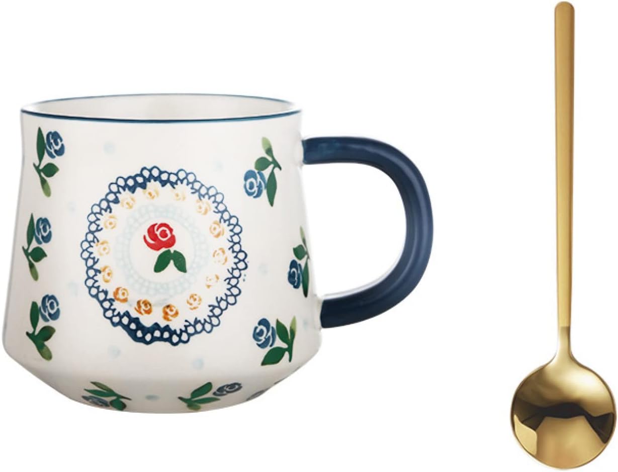 マグカップ 陶器 450ml 青色 花柄 スプーン付き クリスマス ギフト カップル ホーム オフィス コーヒーショップ 喫茶店 人気 ご夫婦 結婚記念日 新築祝い 女性 男性 可愛い エスプレッソカ