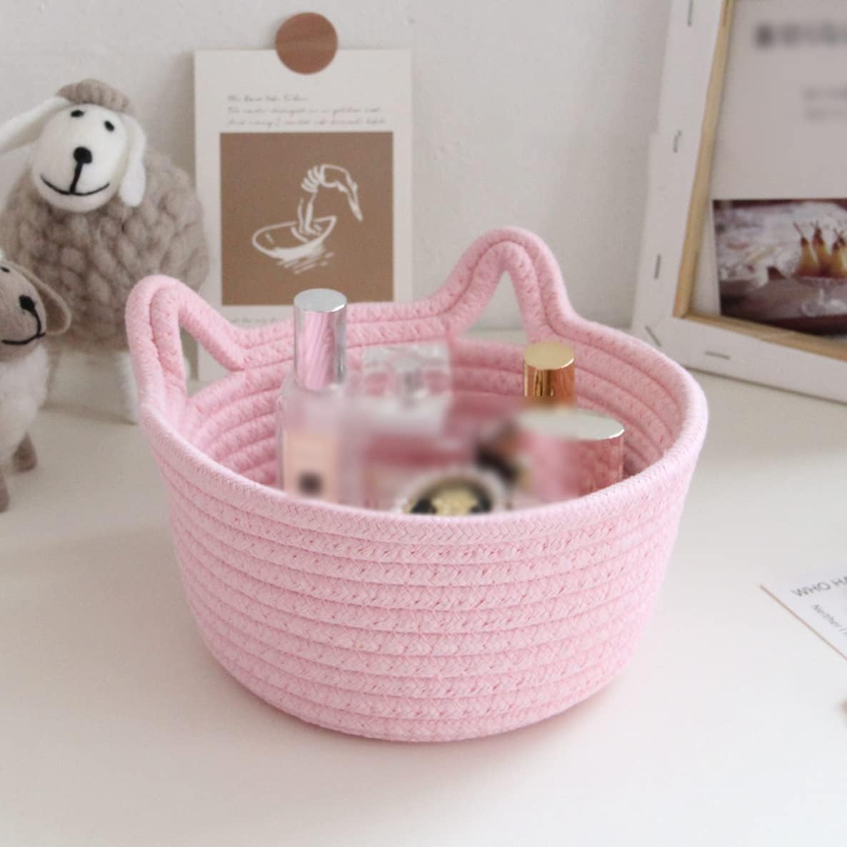 コットンロープ 円形 バスケット かご 21*12cm バスケット 収納ボックス ピンク おしゃれ 編み 猫の耳飾り 北欧 ランドリー収納 トイレットペーパー 花かご 鉢カバー アウトレット おもちゃ