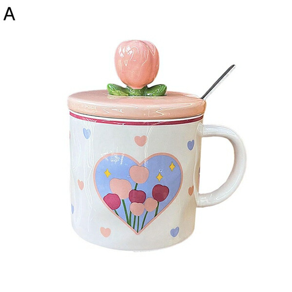 コーヒーカップ マグカップ 蓋付き スプーン付き 大きめサイズ 350ml 磁器 電子レンジ・食洗器対応 耐熱 耐冷 洗いやすい ティーカップ 食器 コーヒー お茶 牛乳 女性 プレゼント 可愛い チューリップ ホワイト