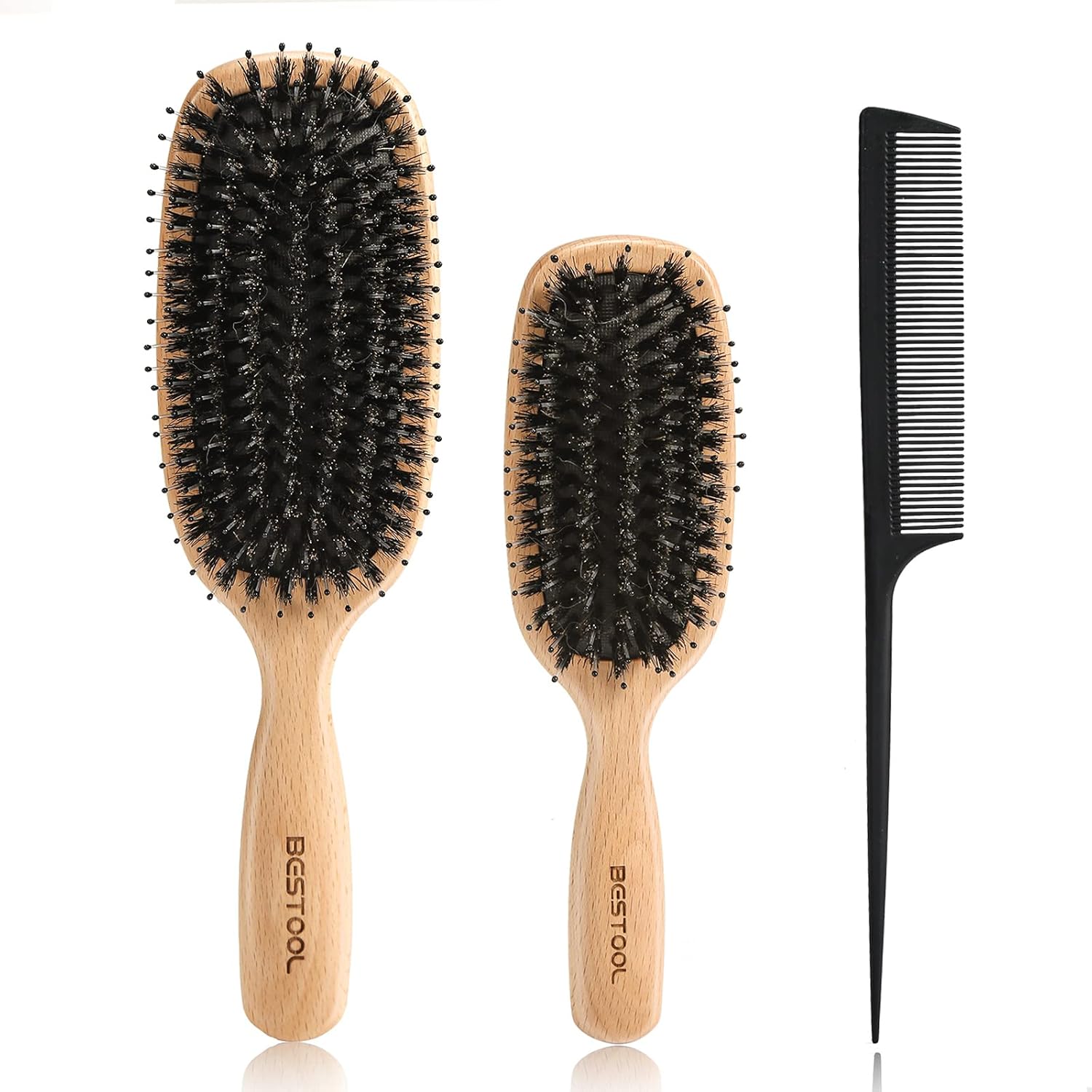 ヘアブラシ 豚毛 くし 木製 櫛 パドルブラシ メンズ レディース こども ヘアケア 高? コーム 頭皮マッサージ サラサラ 艶髪 (親子セット)|Libre777