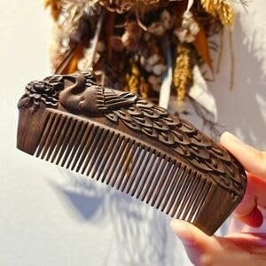 高級黒檀木 木製櫛 両面彫刻 孔雀 お守り 静電気防止 美髪 頭皮マッサージ|Libre777