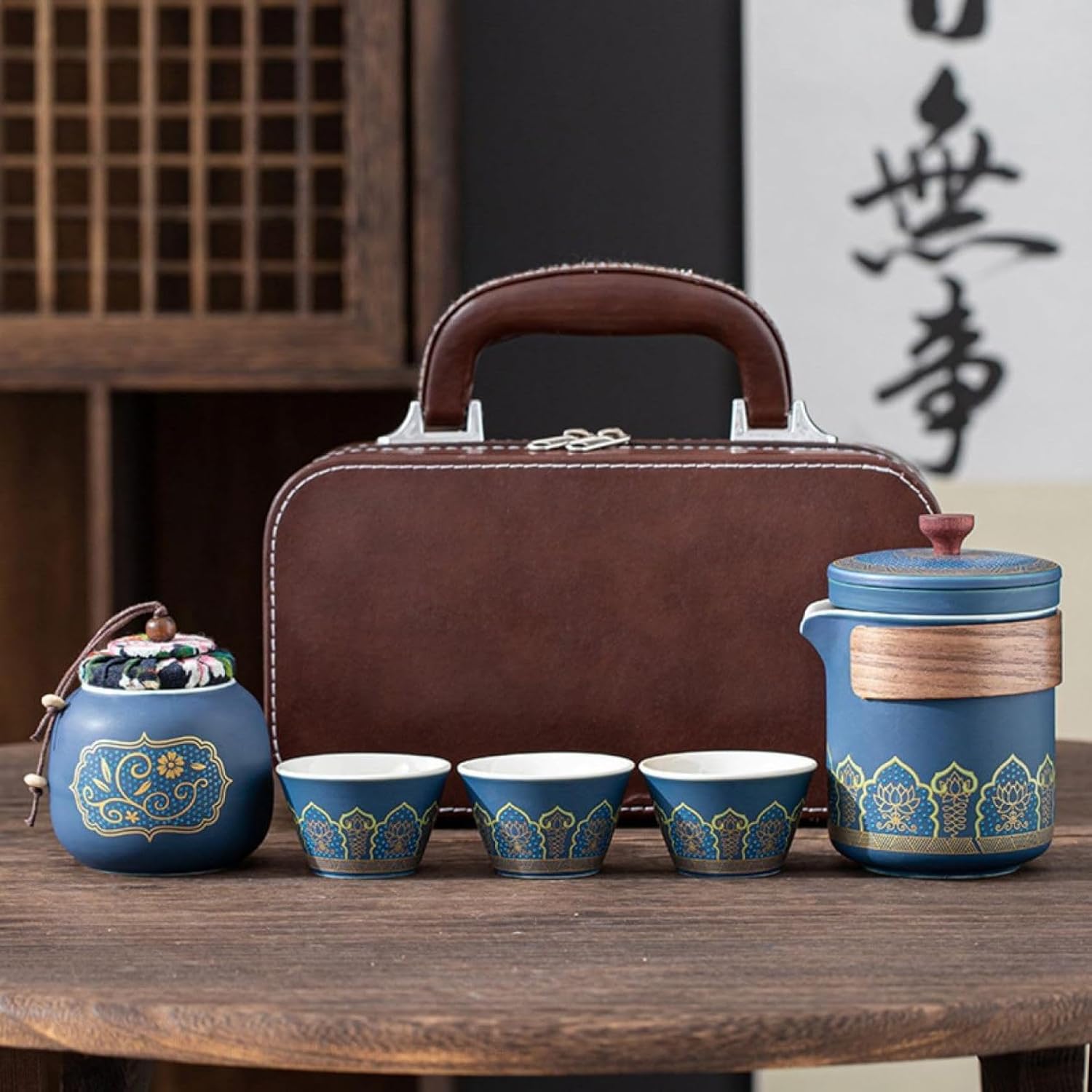 旅行ティーセット 番茶器セット 急須 湯呑セット 茶器セット和風急須 セット 陶器 ティーポット 陶磁 お茶出し 和風急須 茶器揃 携帯用茶器セット 茶盤茶巾付き 旅行 収納バッグ付き ブルー コンパ|Libre777