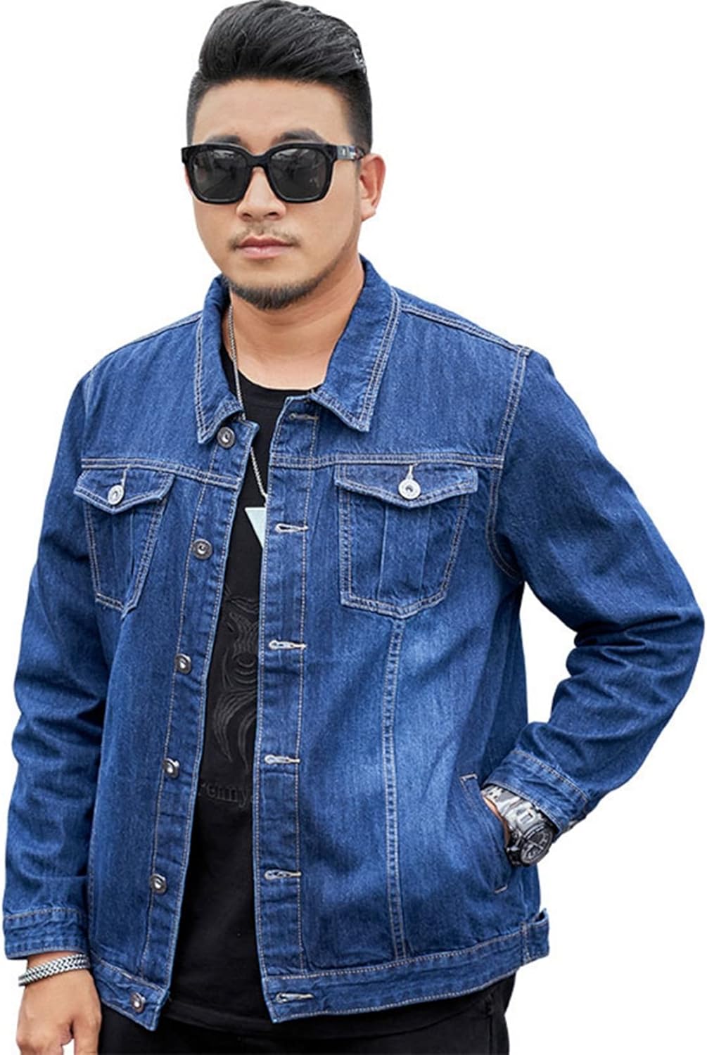 ブルー　ジャン　メンズ　春秋　長袖　薄手　ショート丈　開襟　デニムジャケット　防風　防寒　ストレッチ　修身　スリム　カッコイイ　ヴィンテージ風　通勤　通学　お出かけ　合わせやすい　ウォッシュ加工