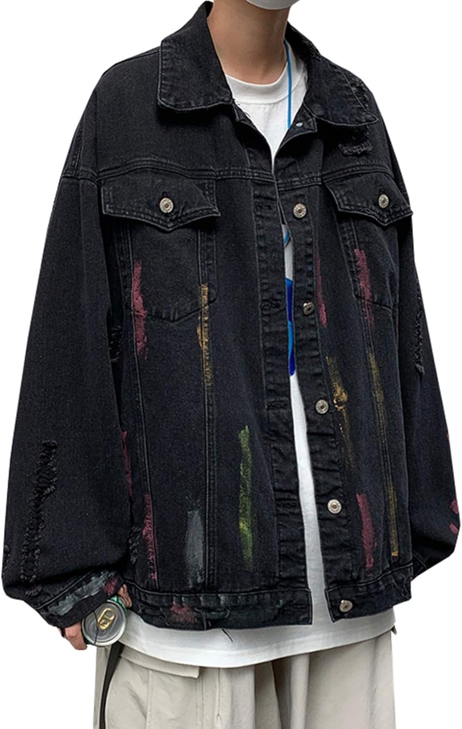 ダメージ加工 ジャケット デニム メンズ 春秋 M-2XL 大きいサイズ ストレッチ ゆったり ジャン ジージャン ファッション カッコイイ 合わせやすい 防風 防寒 通勤 通学 お出かけ ブラック/