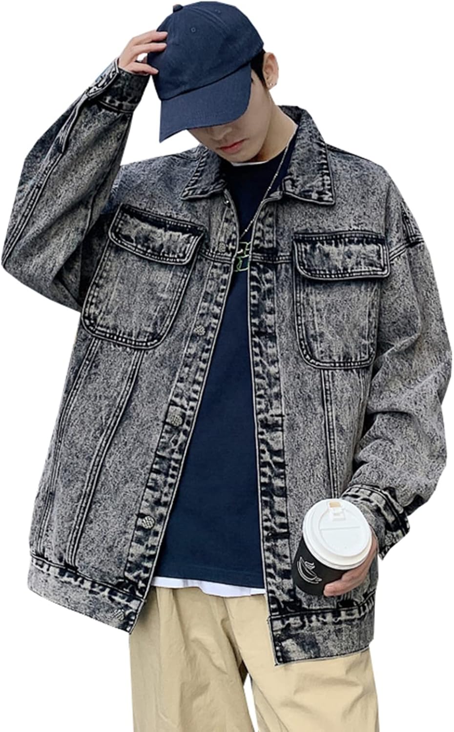 -2XL　ジャン　メンズ　ウォッシュ加工　ブルー　グレー　ジージャン　春秋　防風　防寒　大きいサイズ　ゆったり　折り襟　デニムジャケット　ヴィンテージ風　かっこいい　着回し　カジュアル　通勤　通学　お