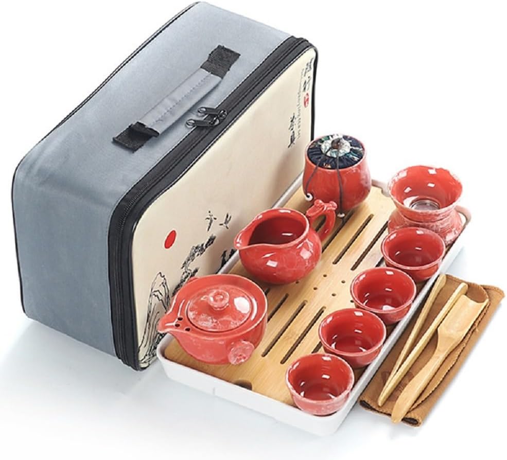 茶器 陶器製ティーセット セット おしゃれ 携帯式 軽量 ティーポット&カップセット 旅行用 お出かけ用 自宅用 中国茶セット マルチ ティーセット 茶具セット 親子用 贈り物にも (レッド A 13|Libre777