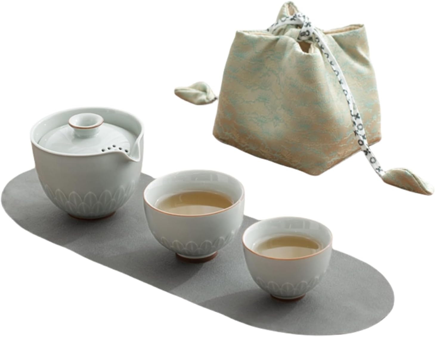 蓮華 携帯型 茶器セット 収納バッグ付 敷物付き ティーセット 茶器揃い 急須セット 湯呑みセット ティーカップ 煎茶器セット 番茶器セット 煎茶道具 コンパクト エレガント 持ち運び便利 日常使い｜Libre777