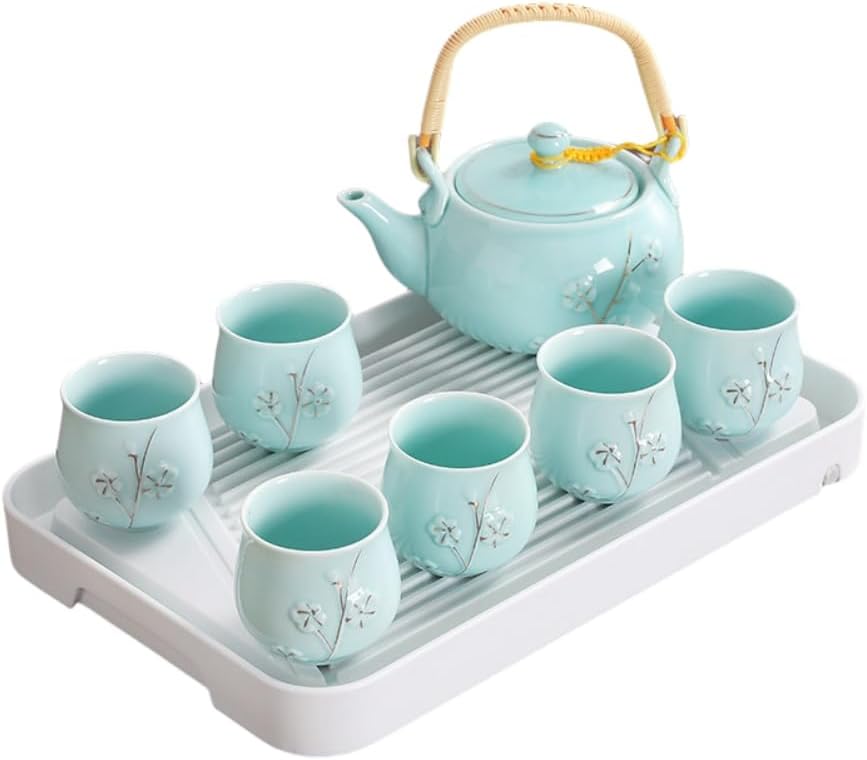 急須 湯呑 陶器製ティーセット 茶器セット 内蔵茶こし モダンでシンプルな高級テ 急須 ィーカップとティートレイ 家庭用 ティーポット容量690ml (ブルーC)|Libre777