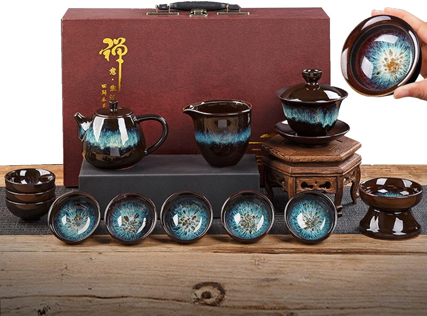 急須 湯呑み セット 茶具 ティーポット 番茶器セット 茶器揃 陶磁茶具セット 携帯用 茶器 茶皿 茶器乾燥ティートレー 旅行用 陶器ティーセットー 木製ギフトボックス付き｜Libre777