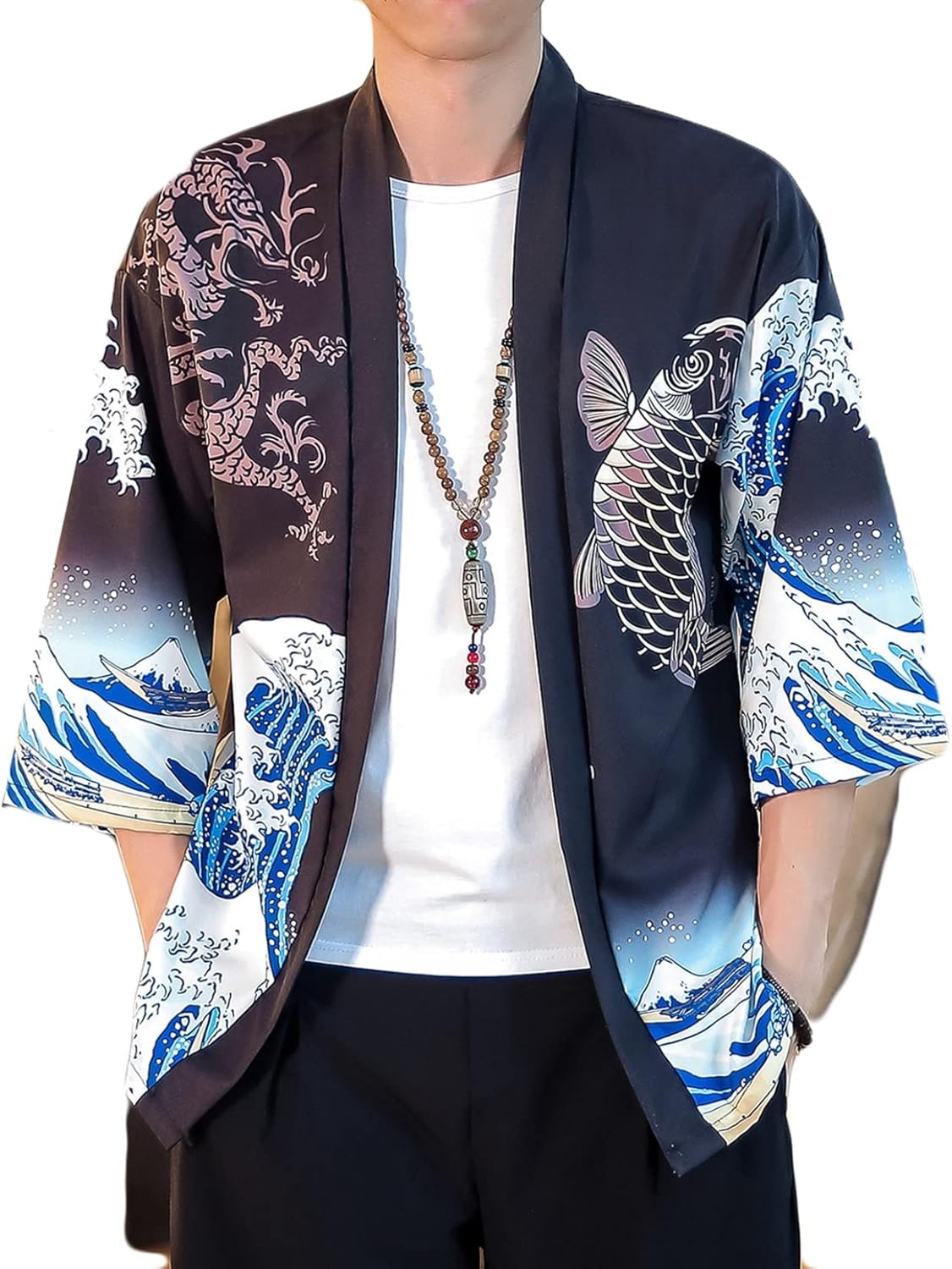 和風シャツ メンズ 日焼け止め服 七分袖シャツ かっこいい 羽織り 鶴柄 鯉柄 龍柄 おしゃれ 通気 ?量 薄手 和服 夏用 ボタンなし カーディガン 甚平 浴衣 ゆったり カジュアルシャツ 羽織 着