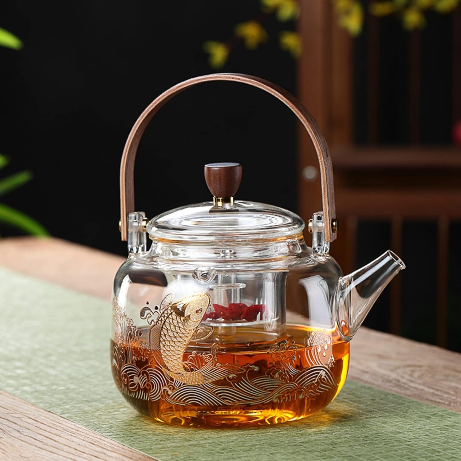 ホウケイ酸瑠璃 茶器 瑠璃ティーポット 澄み切った 900ml 茶こし付き添い人 金蓋付き添い人 リーフティポット 保温 耐熱 大収容能力 麦茶 花茶 二分の一紅茶 お勤め用 飲食店 直火灯し火湯わかし相応う キッチン用品・食器・調理器具-茶道具・湯呑・急須
