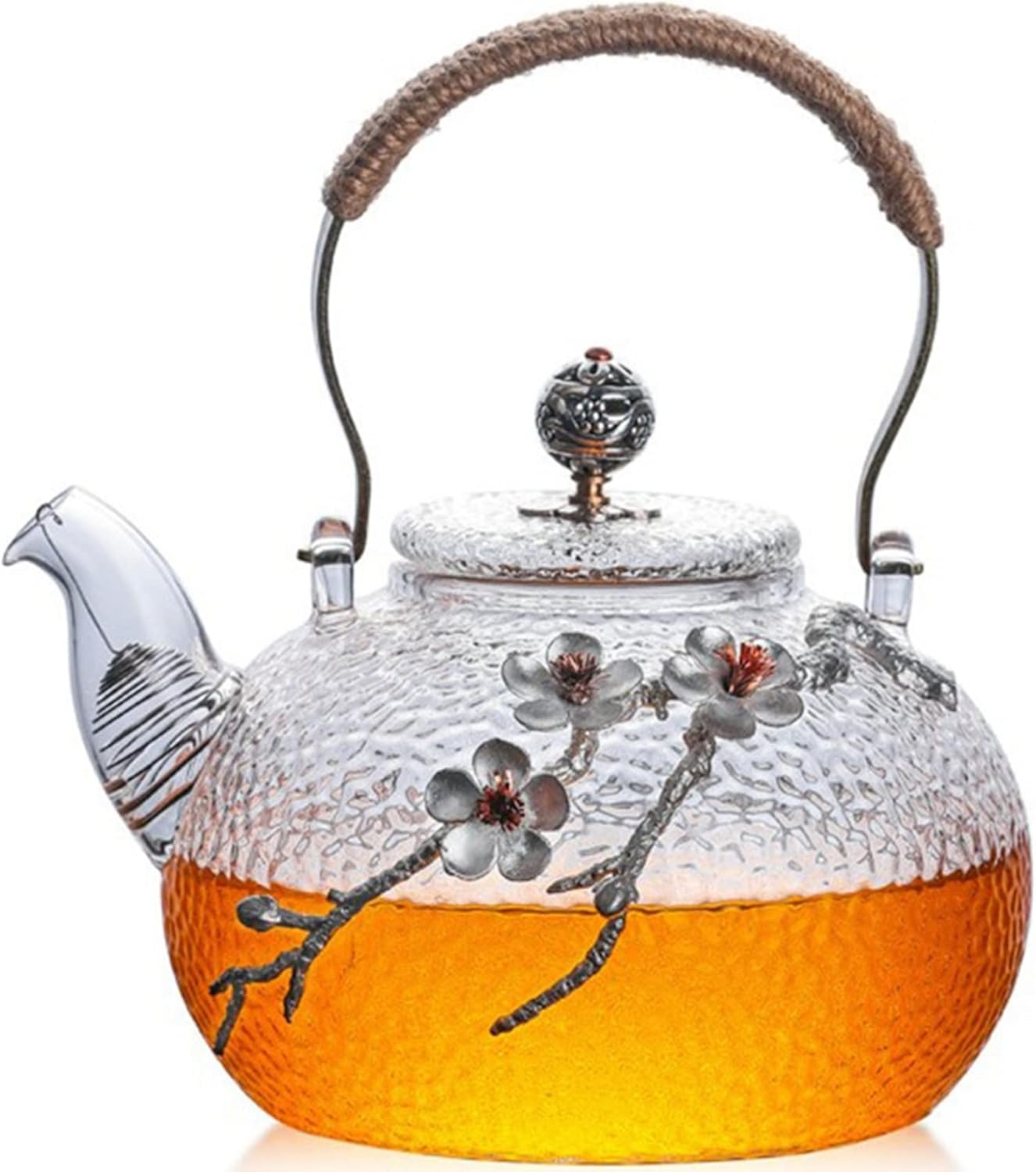 ティーポット 梅 ホウケイ酸ガラス 急須 錫めっき 透明 和風 750ml 直火可 ガス 茶こし 蓋付き リーフティポット 保温保冷 おしゃれ 麦茶 花茶 ハーフティー 業務用 飲食店｜Libre777