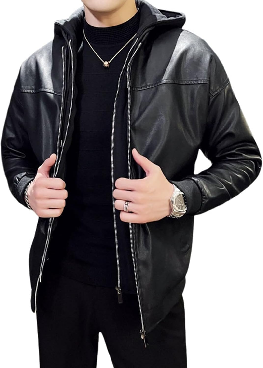 レザージャケット メンズ 重ね着 黒 ライダース PU革 フード付き 大きいサイズ 修身 ファッション かっこいい 革ジャン ブルゾン 秋冬 裏起毛 防風 防寒 保温 撥水 カジュアル 通学 通勤 バ
