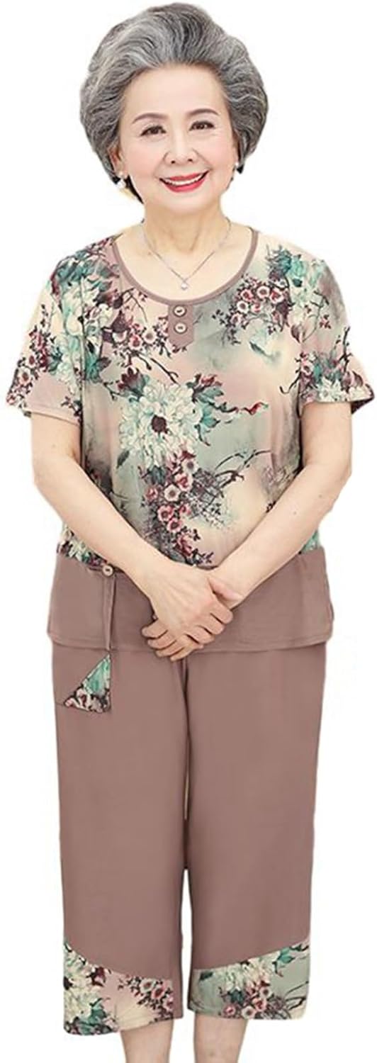 セットアップ Tシャツ 半袖 ブラウス 肌着T トップス ロングパンツ 七分丈 高齢者 老人服 お婆ちゃん シニア 切り替え ゆったり 春夏秋 コットン 通気性 涼しい ホーム 通勤 お出かけ 60代｜Libre777