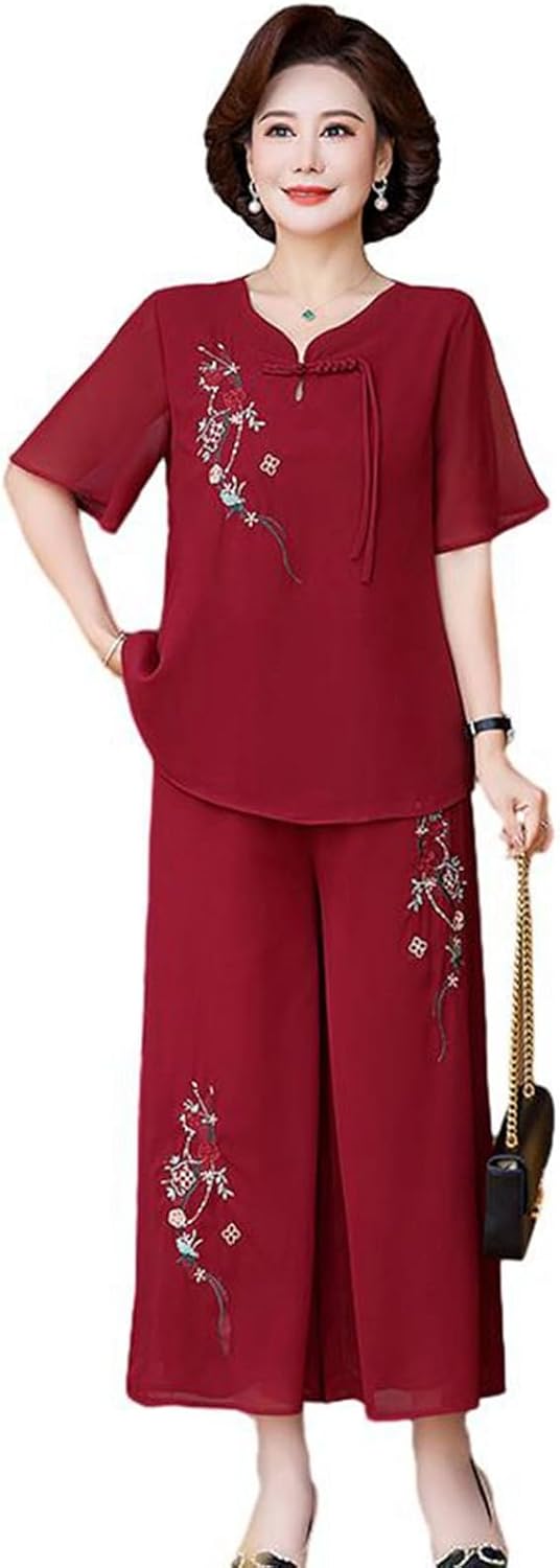 シニアファッション tシャツ 半袖 トップス セットアップ 刺繍 シフォン 中高年 レディース 夏服 イージーパンツ 9分丈 ゆったり 通気性 涼しい ルームウェア 部屋着 母の日 婦人服 中高年｜Libre777 7,272円