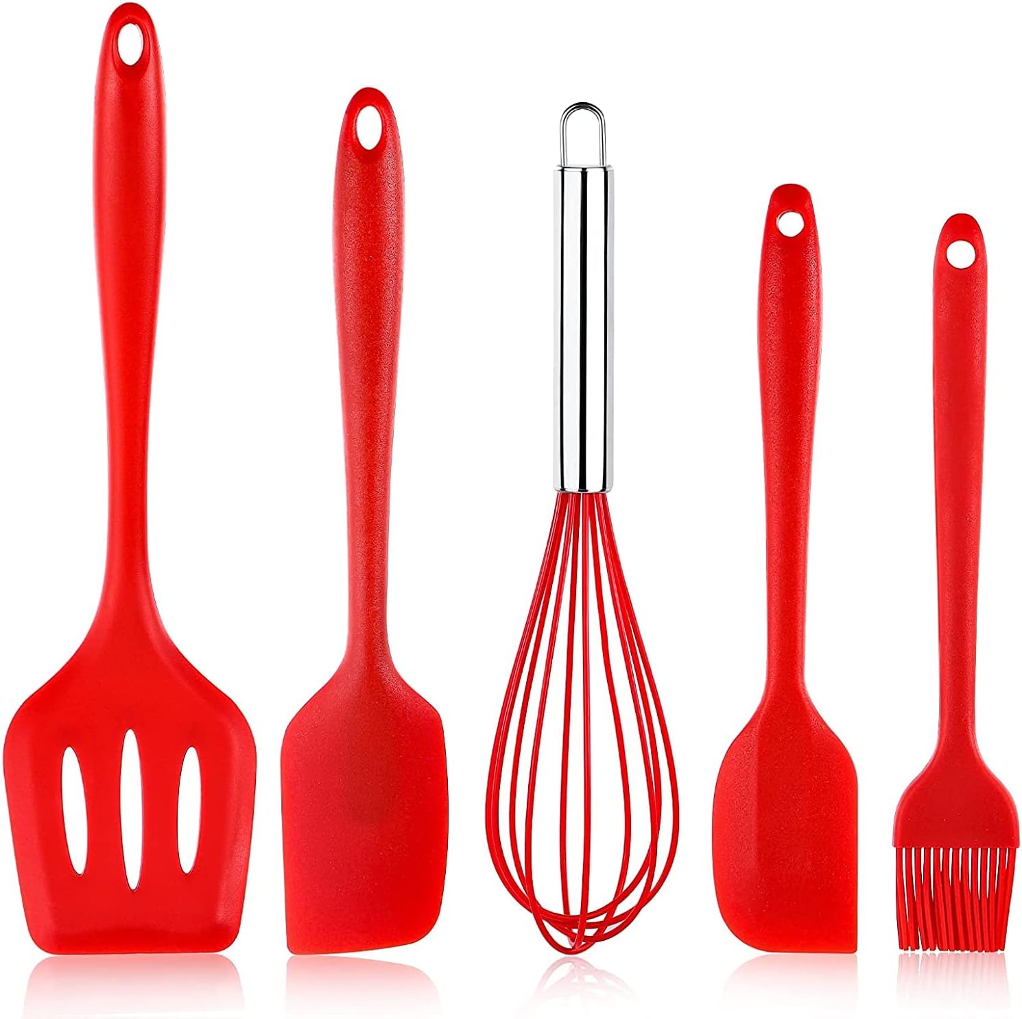 キッチンツールセット シリコン 調理器具 製菓器具 ツール5点セッ泡立て器 大スパチュラ ヘラ 小スパチュラ ヘラ ターナー シリコンハケ (Red)