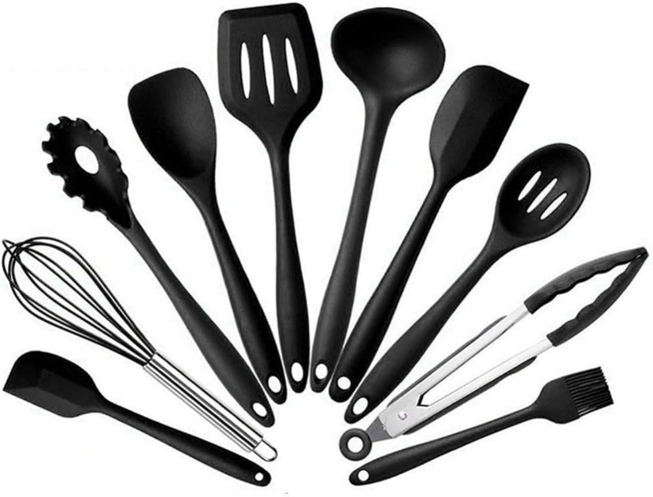 キッチンツールセット シリコン 調理器具 製菓器具 ツール10点セットフライ返し おたま トング ヘラ トング 泡立て器 ブラシ スパチュラ パスタサーバー レードル ターナー スプーン (ブラック)