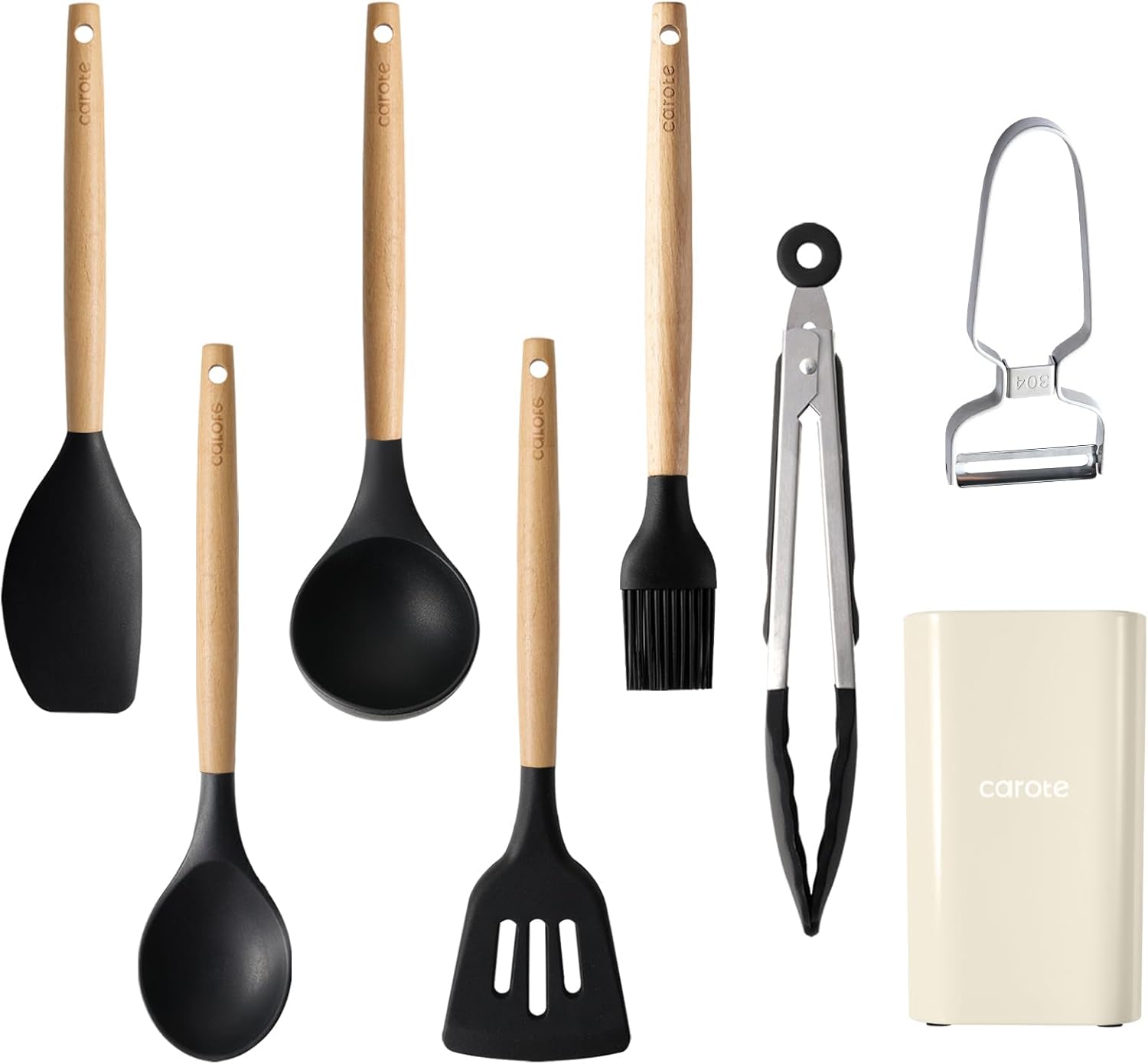 キッチンツールセット8本 シリコン製 調理器具セット フライ返し おたま トング 泡立て器 へら ハケ スプーン浅 ピーラー ツールスタンド 高耐熱性 ブラック 黒（8点セット）