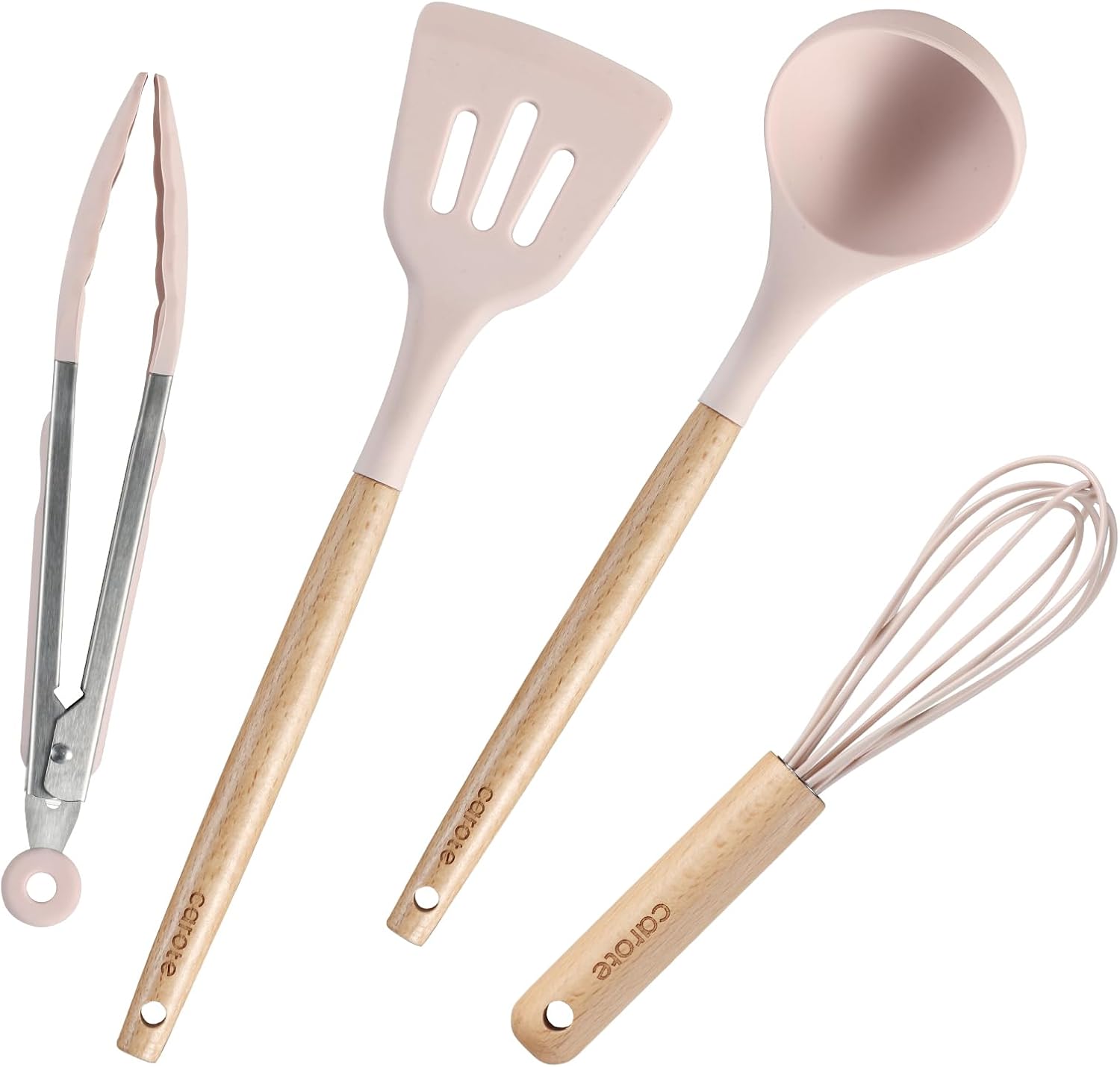 キッチンツールセット4本 シリコン製 調理器具セット フライ返し おたま トング 泡立て器 へら ハケ スプーン浅 ピーラー ツールスタンド 高耐熱性 ピンク（4点セット）