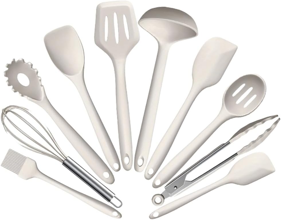 11ピース 調理用具セット シリコンキッチン用品 スパチュラセット ノンスティック調理器具用 ブラックキッチンツール 泡立て器用スプーン おたま スキマー 耐熱 食洗機対応 (しろ 収納バケツは無し)