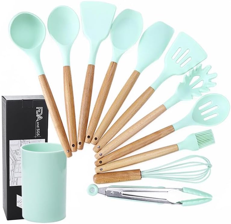 キッチンツール 調理用品 製菓器具 台所用品 シリコン製調理器具セット 11点セット 収納付き 耐熱性 ホルダー付き BPAフリー 木製ハンドル キッチン用品セット フライ返し お玉杓子 スプーン 泡