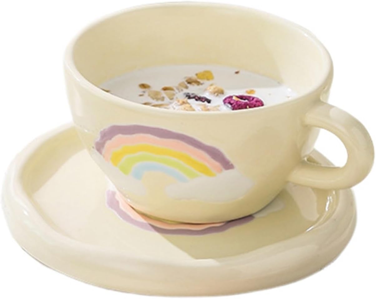 虹柄 マグカップ 250ml コーヒーカップ 可愛い ソーサー付き 磁器 保温 耐熱 耐冷 電子レンジ?食洗器対応 洗いやすい 食器 ティーカップ コーヒー お茶 牛乳 女性 記念日 誕生日 贈り物