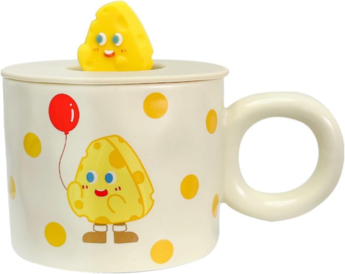 マグカップ 可愛い チーズ ホワイト 大容量 430ml 蓋付き コーヒー お茶 牛乳 ティーカップ コーヒーカップ セラミック 食洗器可 電子レンジ対応 耐熱 耐冷 洗いやすい 食器 女性 誕生日