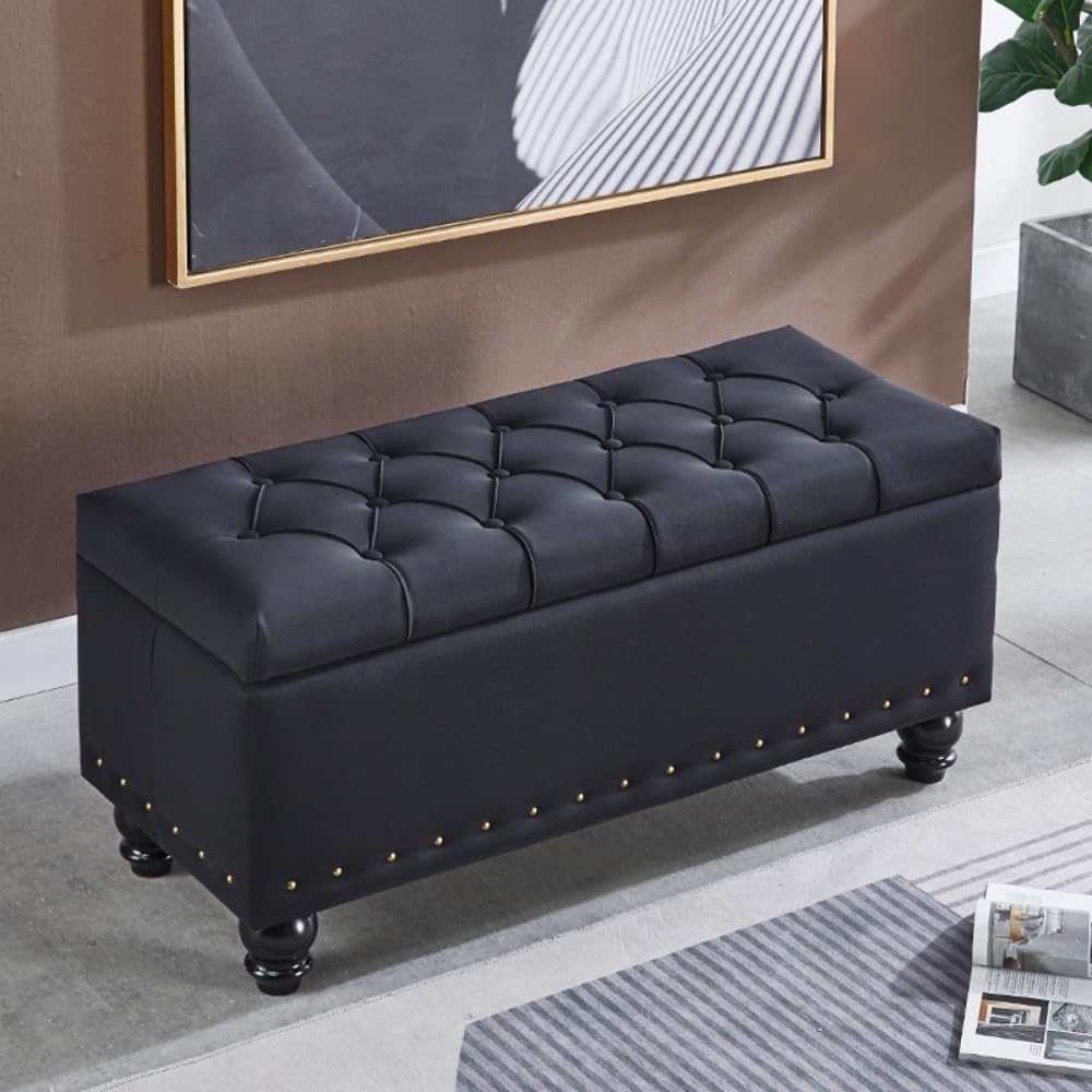 収納スツール 座面が座布団にもなる オットマン 収納ボックス PU+木材製 収納スツール オットマン リビング/玄関/寝室に適用多機能フットスツール (ブラック 60*40*45CM)