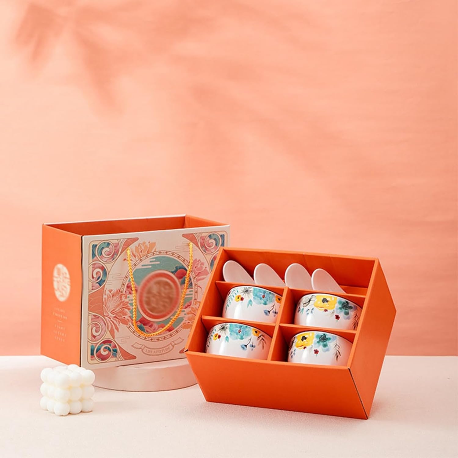 茶碗セット 食器セット ギフトボックス 花柄 オレンジ 碗 ボウル 白磁器 スプーン 結婚祝い 丼 味噌汁碗 小鉢 おしゃれ 北欧風 かわいい プレゼント 陶器 磁器 飲食店 業務用 家庭用
