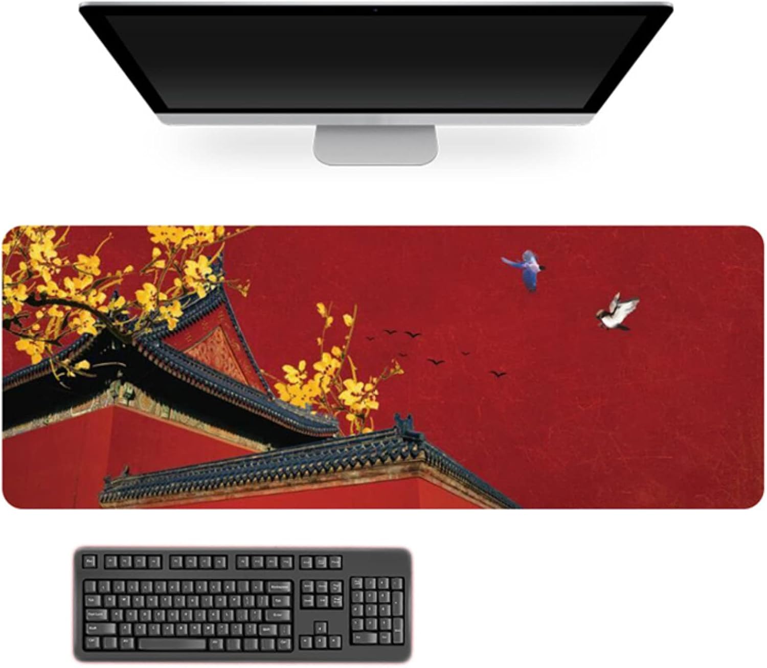 中国風 マウスパッド 800*300*4mm 大型 デスクマット PCマット 超大型 ゲーミングマウスパッド おしゃれ 防水 耐久性 カラー 滑り止め オフィス ゲーム ノートパソコンマット 花柄 パ｜Libre777