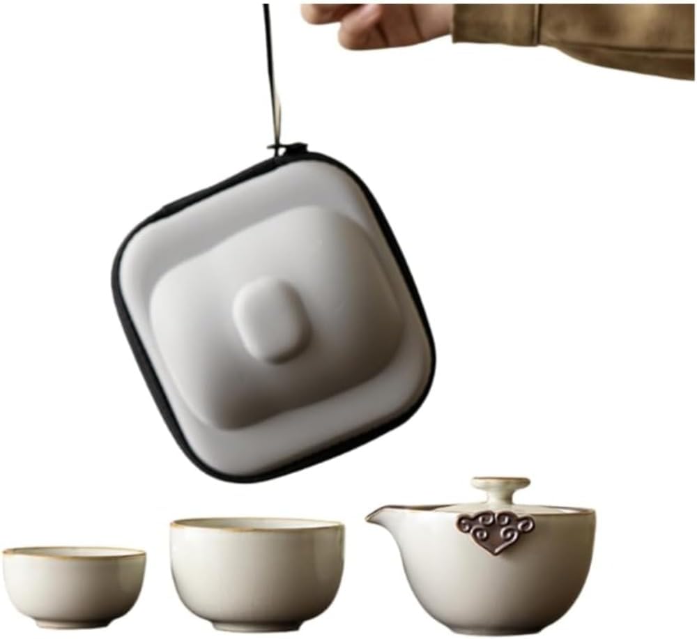 茶器仕かける3個仕かける旅するティーセット持っていく用急須仕かける中国茶器水飲み瀬戸もの湯呑み納める御徒面子付き添い人コンパクトカササギデザイン茶道具紅茶優勝杯2個付き添い人差し上げ物相応う (黄み) キッチン用品・食器・調理器具-茶道具・湯呑・急須-コーヒー・お茶用品
