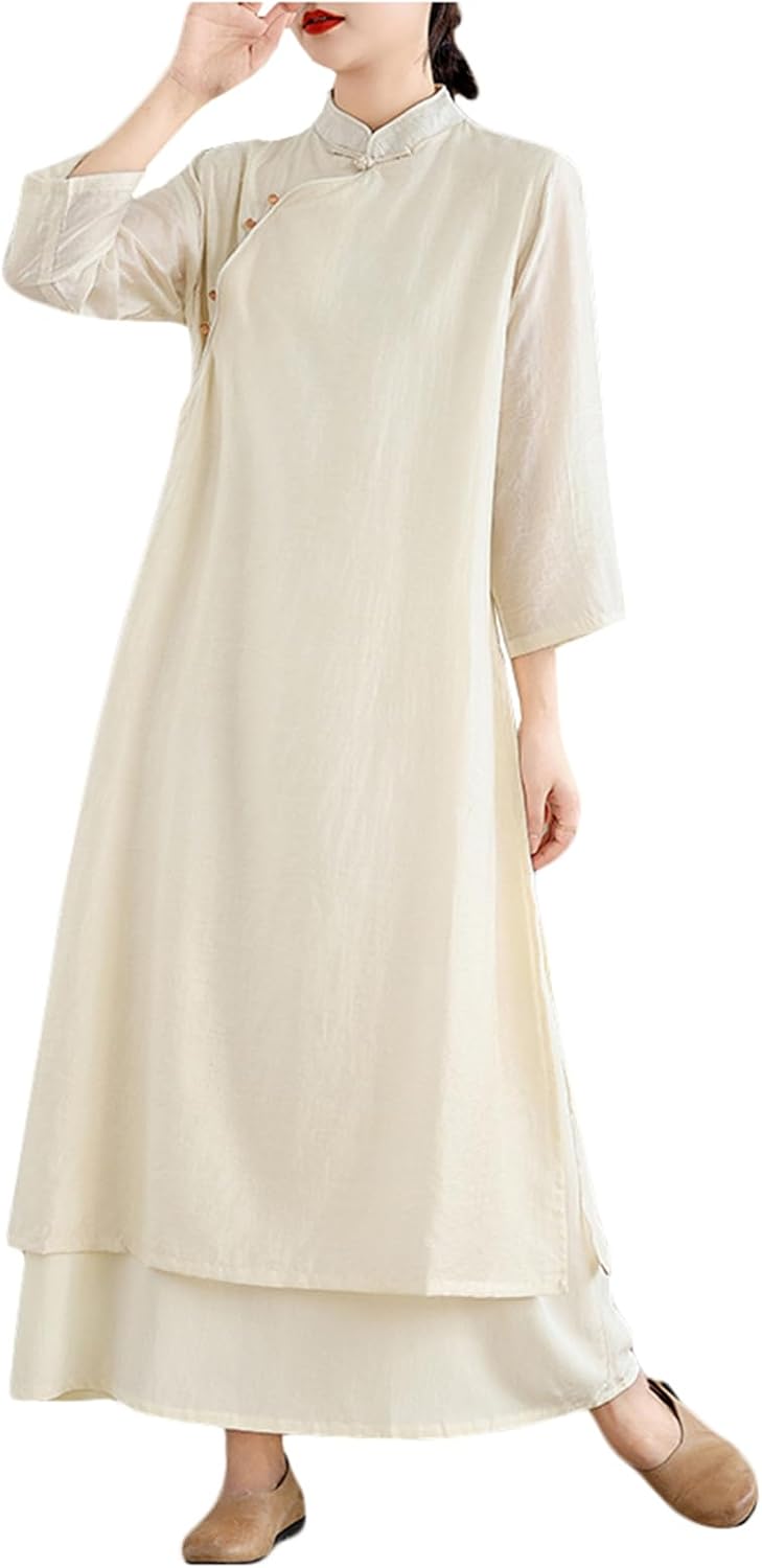 チャイナ風 ワンピース レディース 茶服 チャイナドレス 中華風 マキシ丈 ゆったり ロングワンピース 七分袖 バンドカラー チャイナボタン サイドスリット フェイクレイヤード Aライン 夏｜Libre777