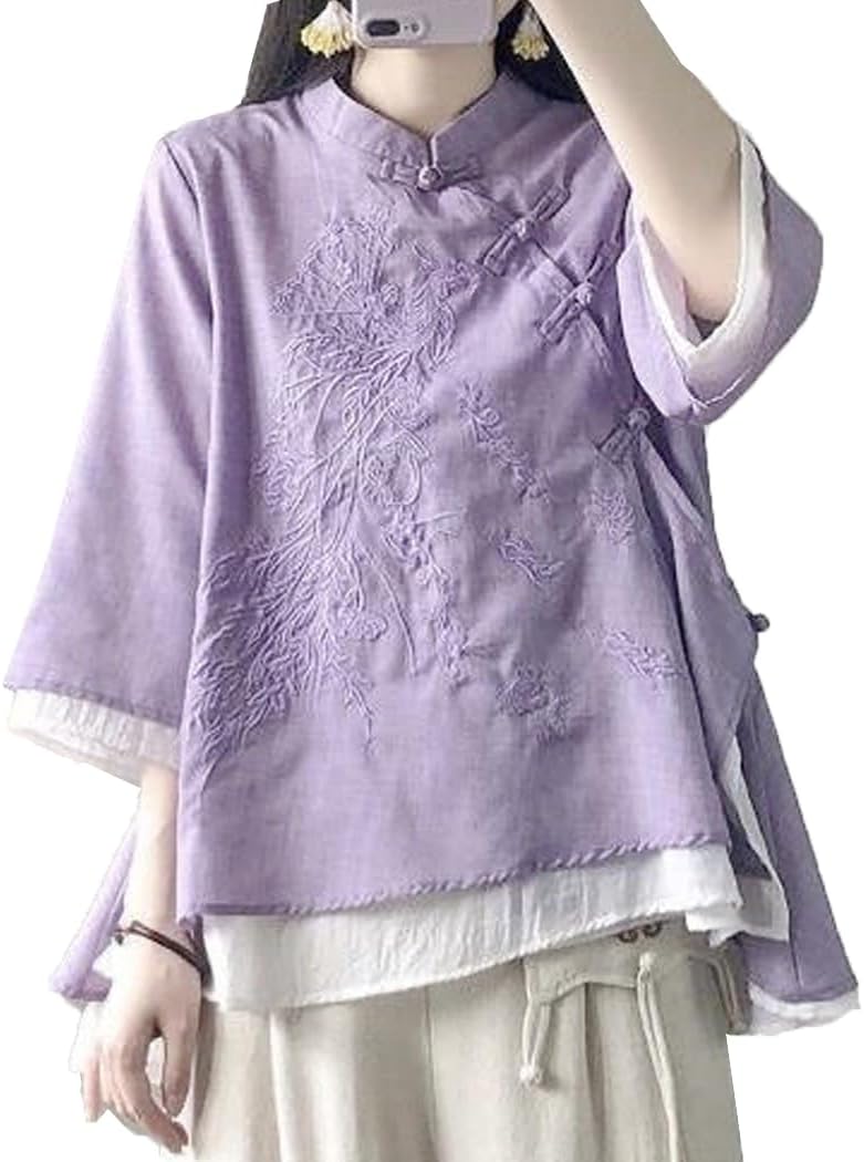 瀬戸もの プルオーバー トップス レディース トップ 瀬戸もの服 カットソー tプルオーバー 上衣 茶師服 長袖 リネン 花柄 刺しゅう 綿麻 春夏秋冬 漢服 重ね着風 花の冠yd 心地よい 中華風 太極拳