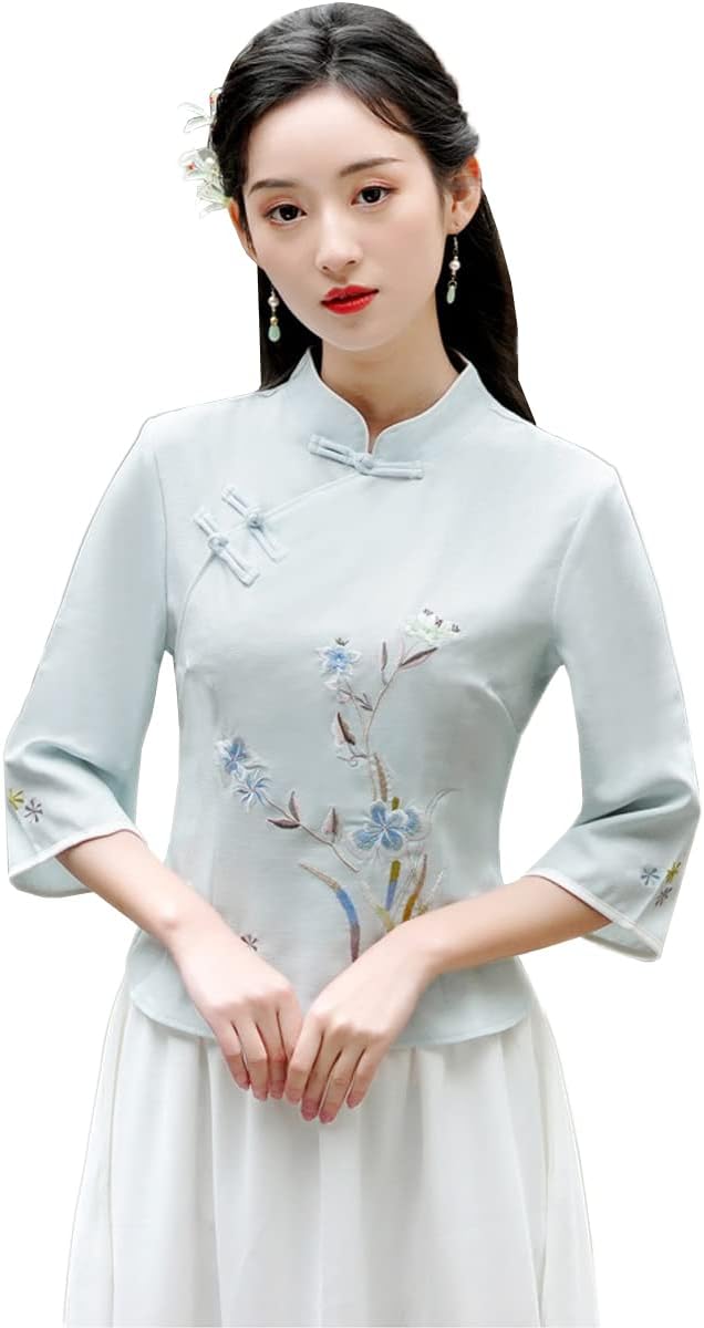 瀬戸もの トップス プルオーバー トップ レディース 瀬戸もの服 茶師服 花柄 刺しゅう 綿麻 瀬戸もの風 プルオーバー 厚地の外套 唐装 心地よい 中国風 七分袖 カットソー か細い 中華風 民族風 茶服 春 夏